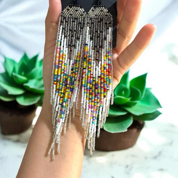 EARRINGS- NWT, Handmade Long Beaded Fringe Earrings - Picture 3 of 7